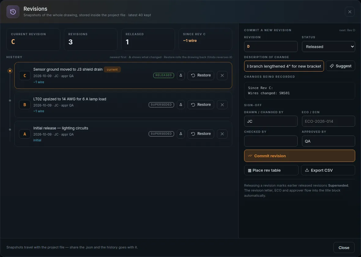 Revisions dialog with history