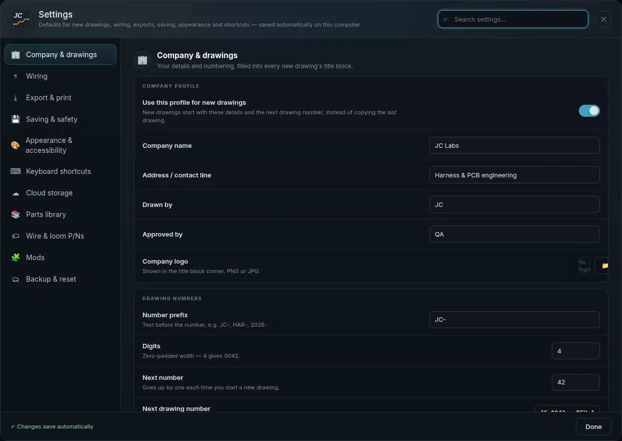 Settings window