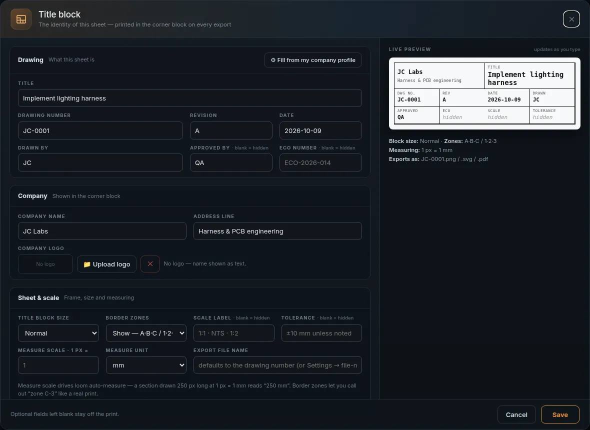 Title block dialog with live preview