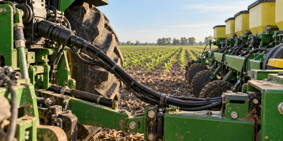 Tractor-to-planter harness in convoluted loom at the hitch, with corn rows behind