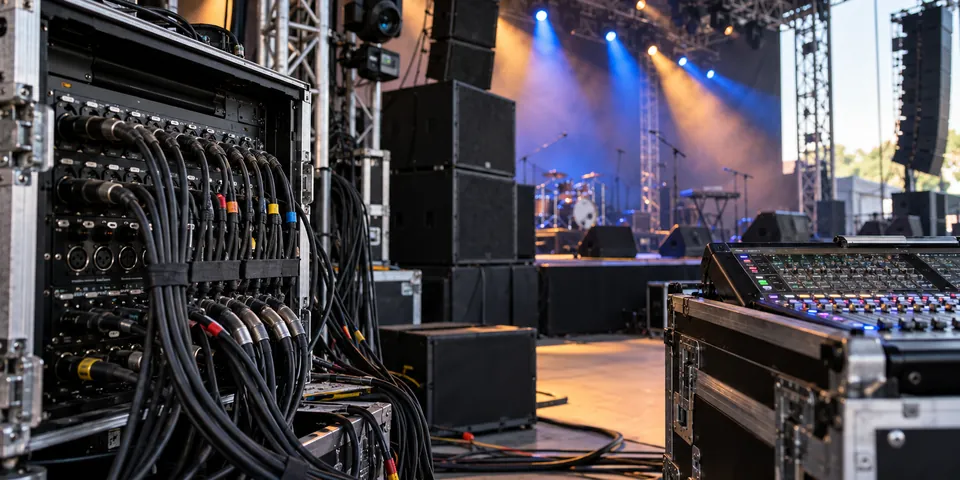 Concert stage with a stage box full of XLR cables, line-array speakers, lighting and a mixing console