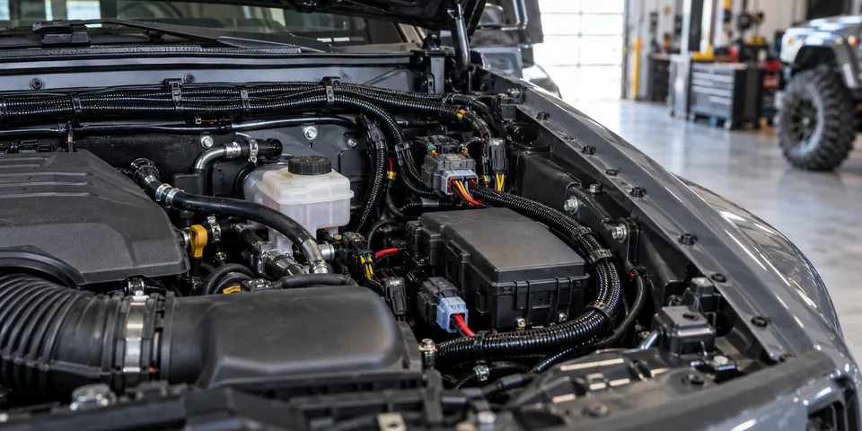 Pickup engine bay with the wiring harness in split loom and sealed connectors
