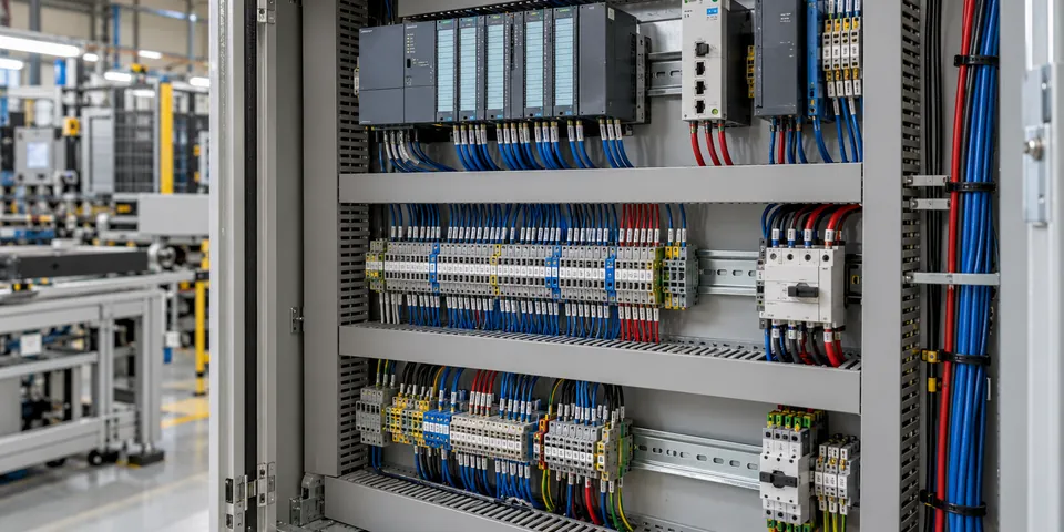 Control cabinet with PLC modules, terminal blocks and motor starters, wires labelled in duct