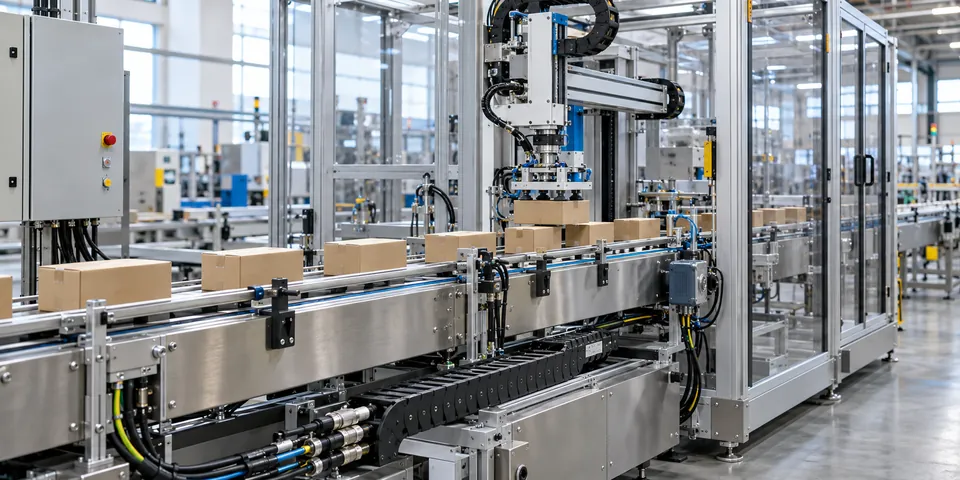 Automated packaging line with a pick-and-place gantry, conveyors, sensors and cable carriers