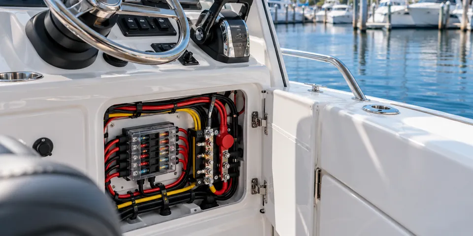 Boat helm with the console panel open: fuse block, bus bars and marine wiring