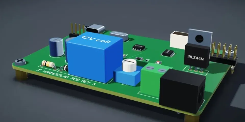 A circuit board rendered in the HarnessLab 3D Board View