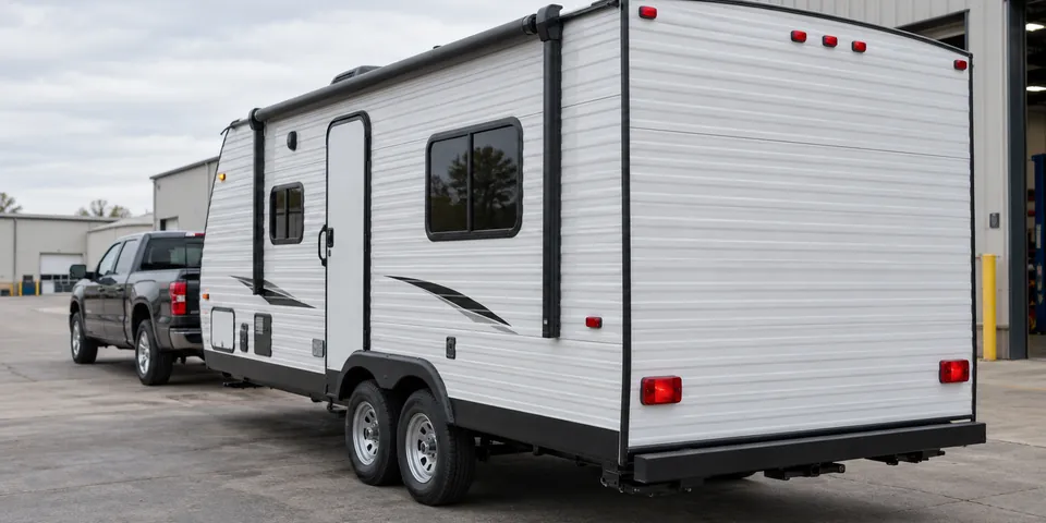 Travel trailer hitched to a pickup, with tail, stop and marker lights