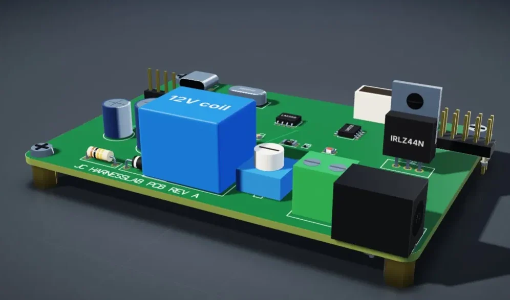 3D view of an assembled HarnessLab board