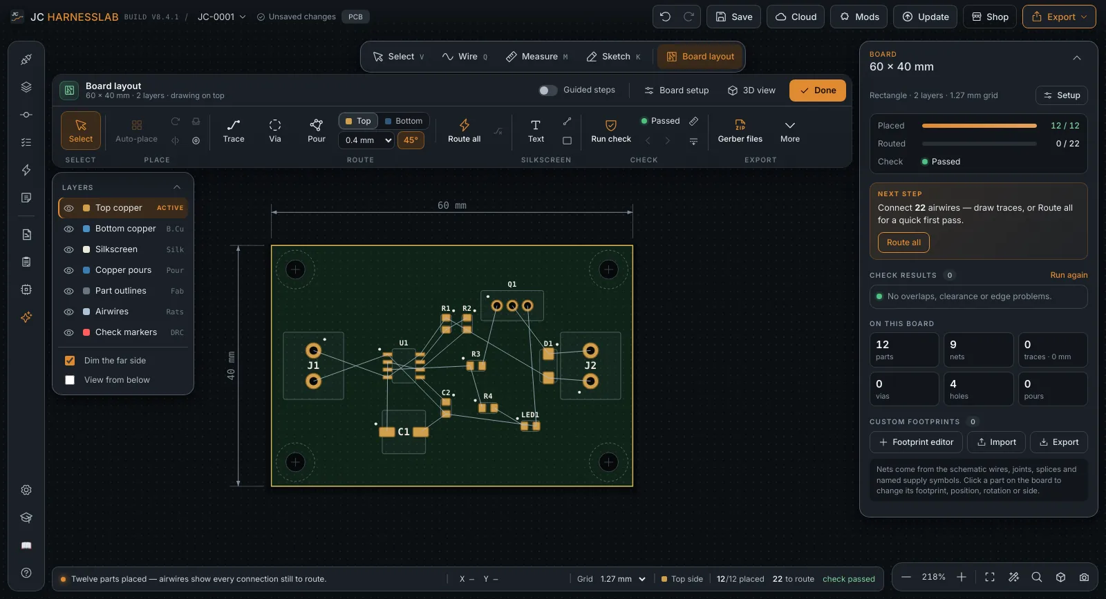 Twelve parts placed on the board with 22 airwires still to route