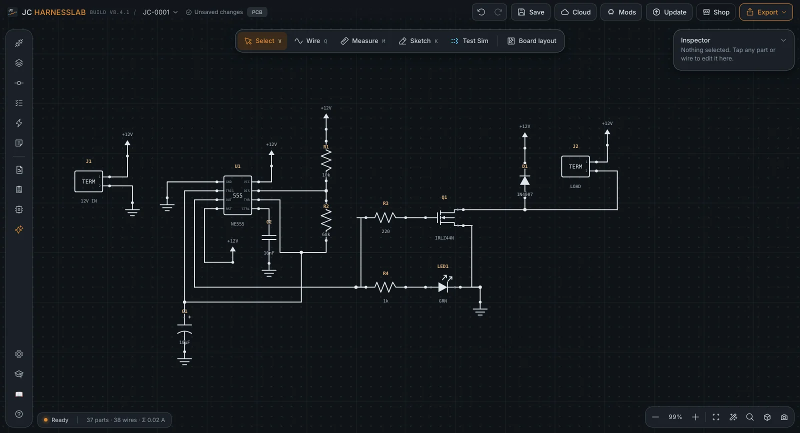 555 flasher schematic in PCB mode with supply symbols
