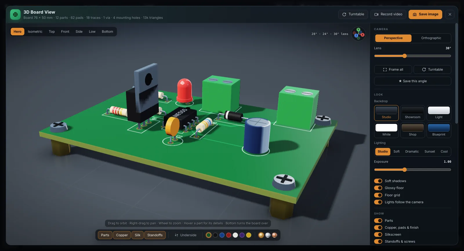 The 555 board switched to through-hole, in the 3D Board View