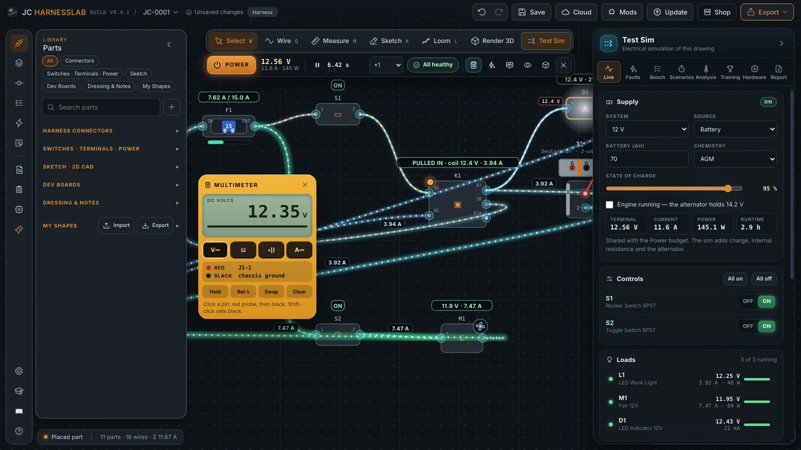 Test Sim running live on a harness drawing